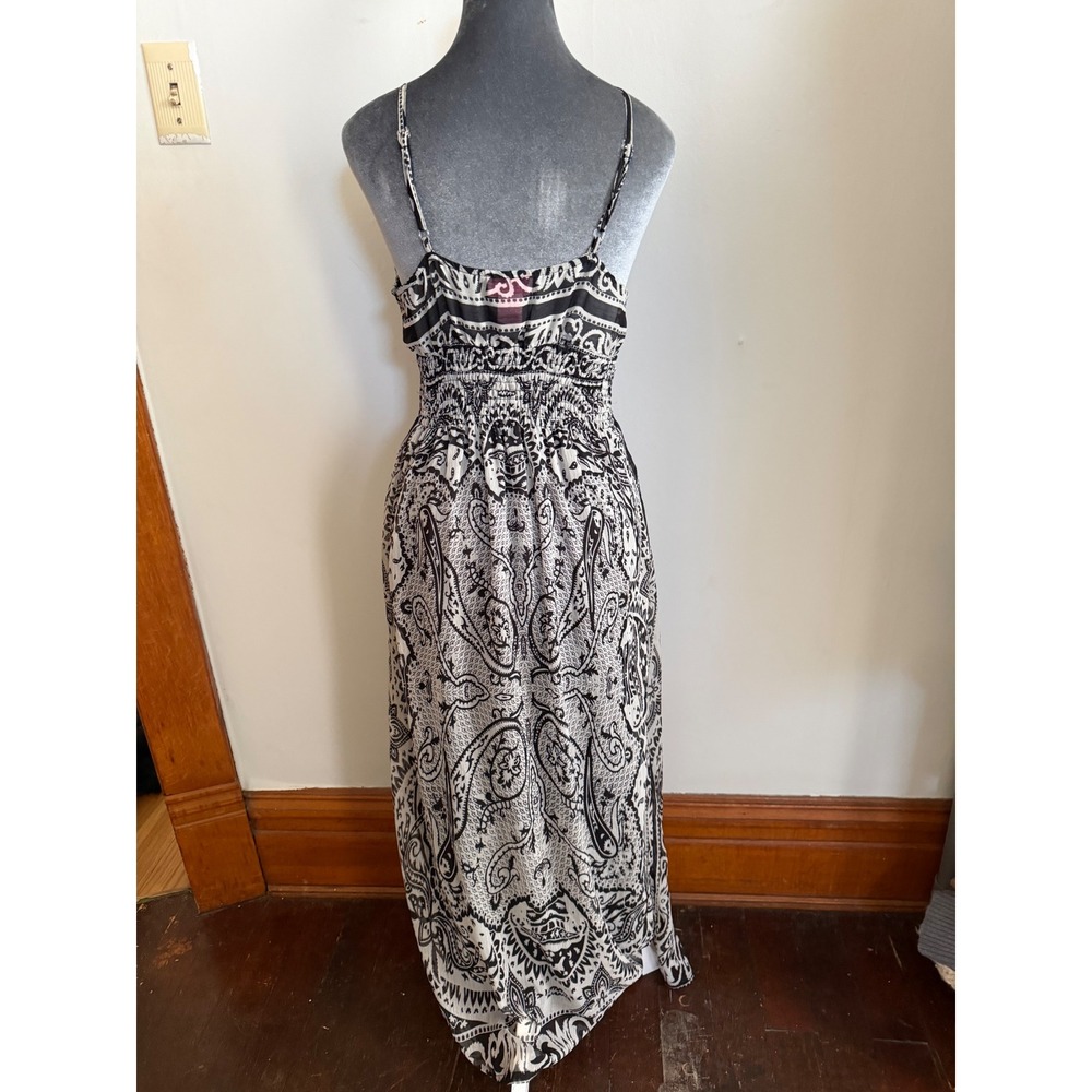 Y2k Black White Paisley Chiffon Smocked Maxi Dress Size M Boho hippie Strappy - Picture 2 of 9